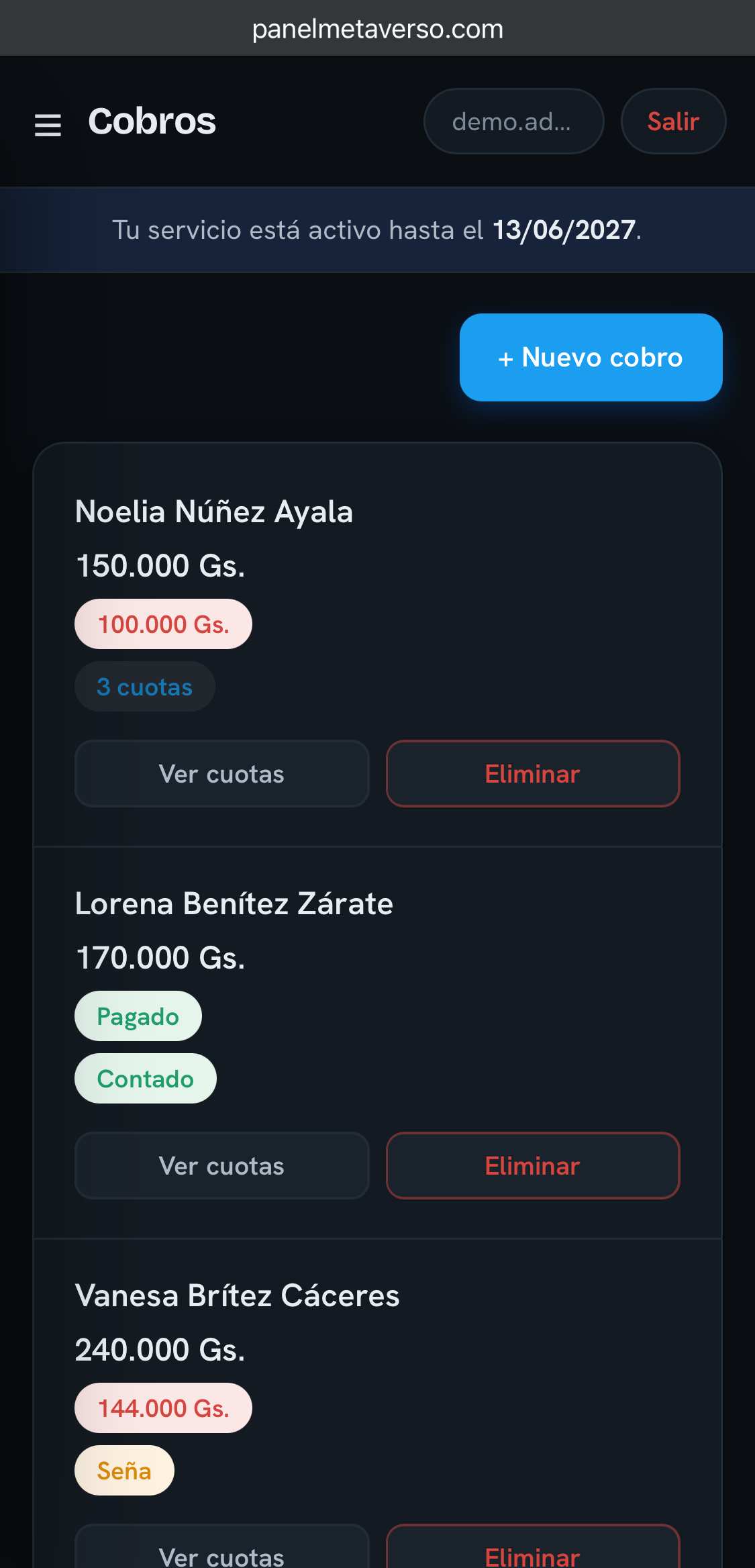Cobros, cuotas y señas